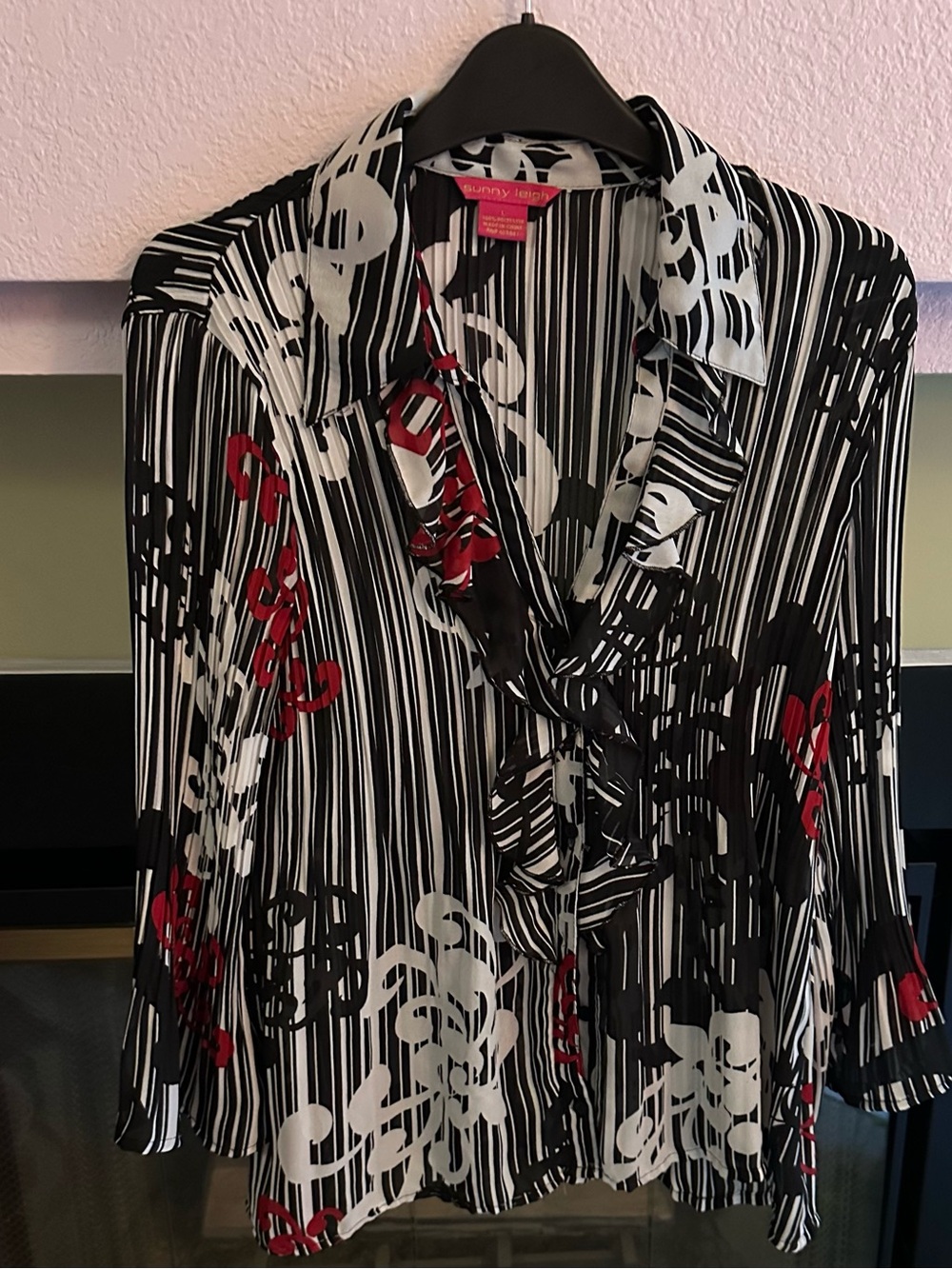 Sunny Leigh Black, White & Red Striped Ruffle Blouse (Large)